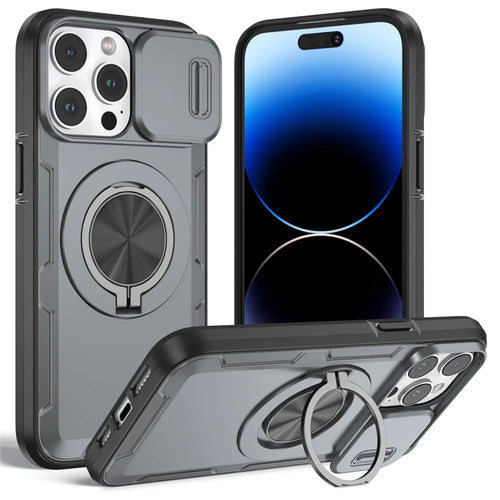 For iPhone 14 Pro Max Magnetic Case Slide Camera Cover Rotary Kickstand PC + TPU Phone Shell - Grey - 1