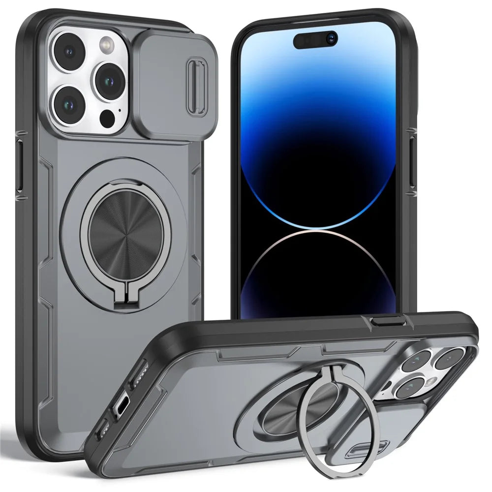 For iPhone 14 Pro Max Magnetic Case Slide Camera Cover Rotary Kickstand PC + TPU Phone Shell - Grey - 1