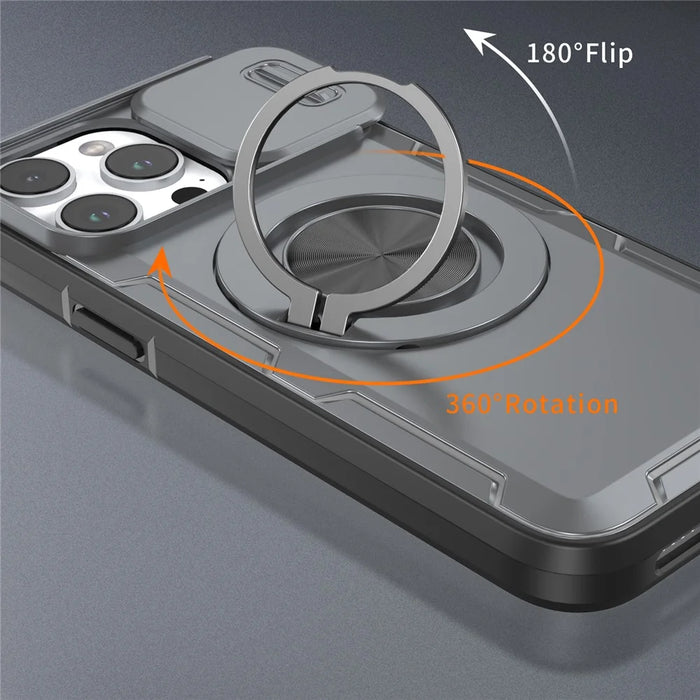 For iPhone 14 Pro Max Magnetic Case Slide Camera Cover Rotary Kickstand PC + TPU Phone Shell - Grey - 4