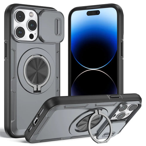 For iPhone 14 Pro Magnetic Case Slide Camera Cover Rotary Kickstand PC + TPU Phone Shell - Grey - 1