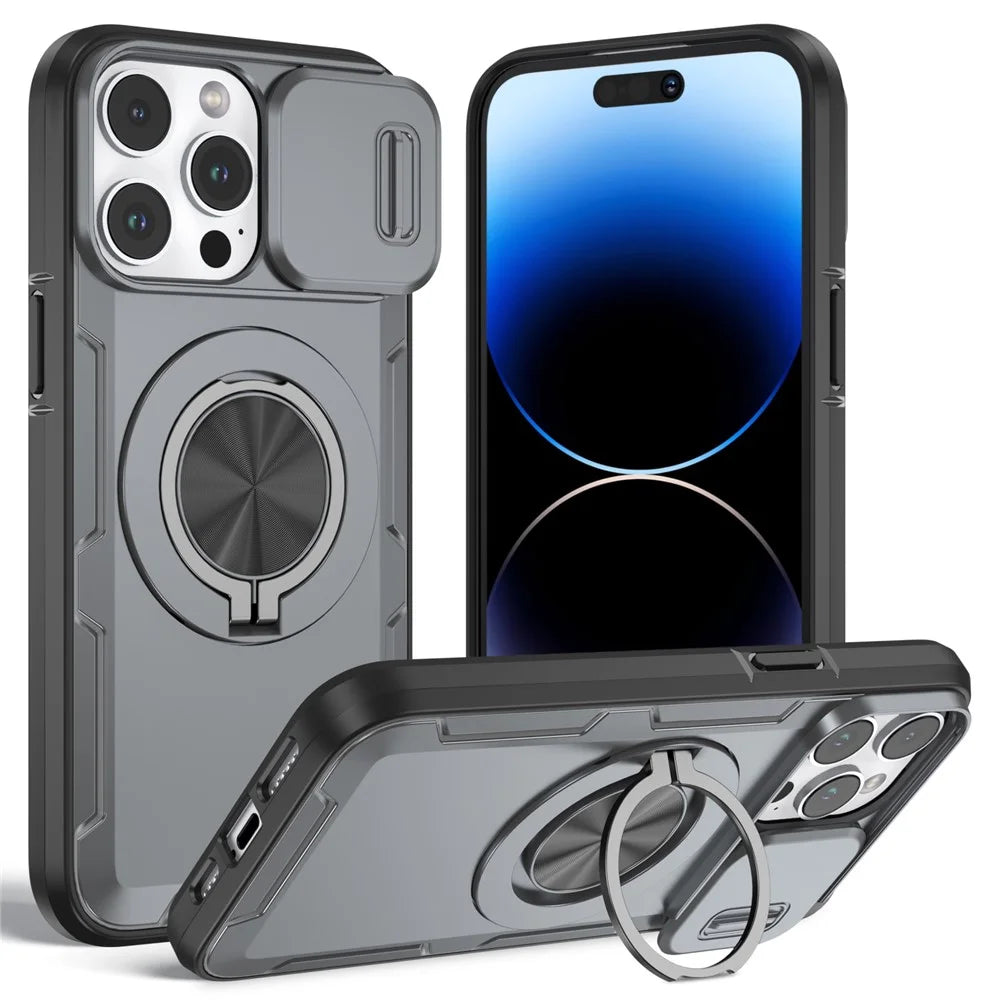For iPhone 14 Pro Magnetic Case Slide Camera Cover Rotary Kickstand PC + TPU Phone Shell - Grey - 1