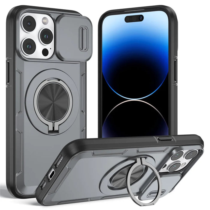 For iPhone 14 Pro Magnetic Case Slide Camera Cover Rotary Kickstand PC + TPU Phone Shell - Grey - 1