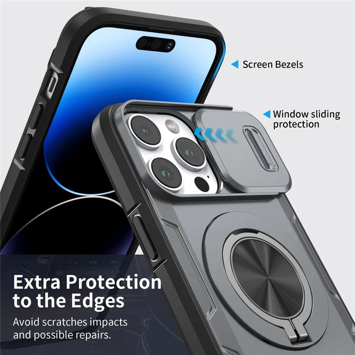 For iPhone 14 Pro Magnetic Case Slide Camera Cover Rotary Kickstand PC + TPU Phone Shell - Grey - 3