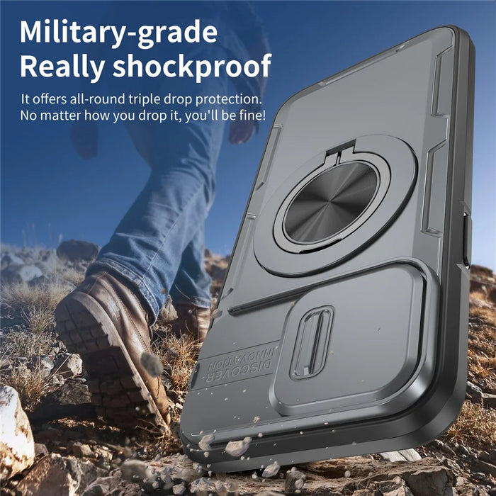 For iPhone 14 Pro Magnetic Case Slide Camera Cover Rotary Kickstand PC + TPU Phone Shell - Grey - 6