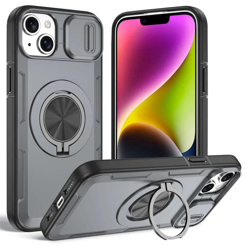 For iPhone 14  /  13 Magnetic Case Slide Camera Cover Rotary Kickstand PC + TPU Phone Shell - Grey - 1