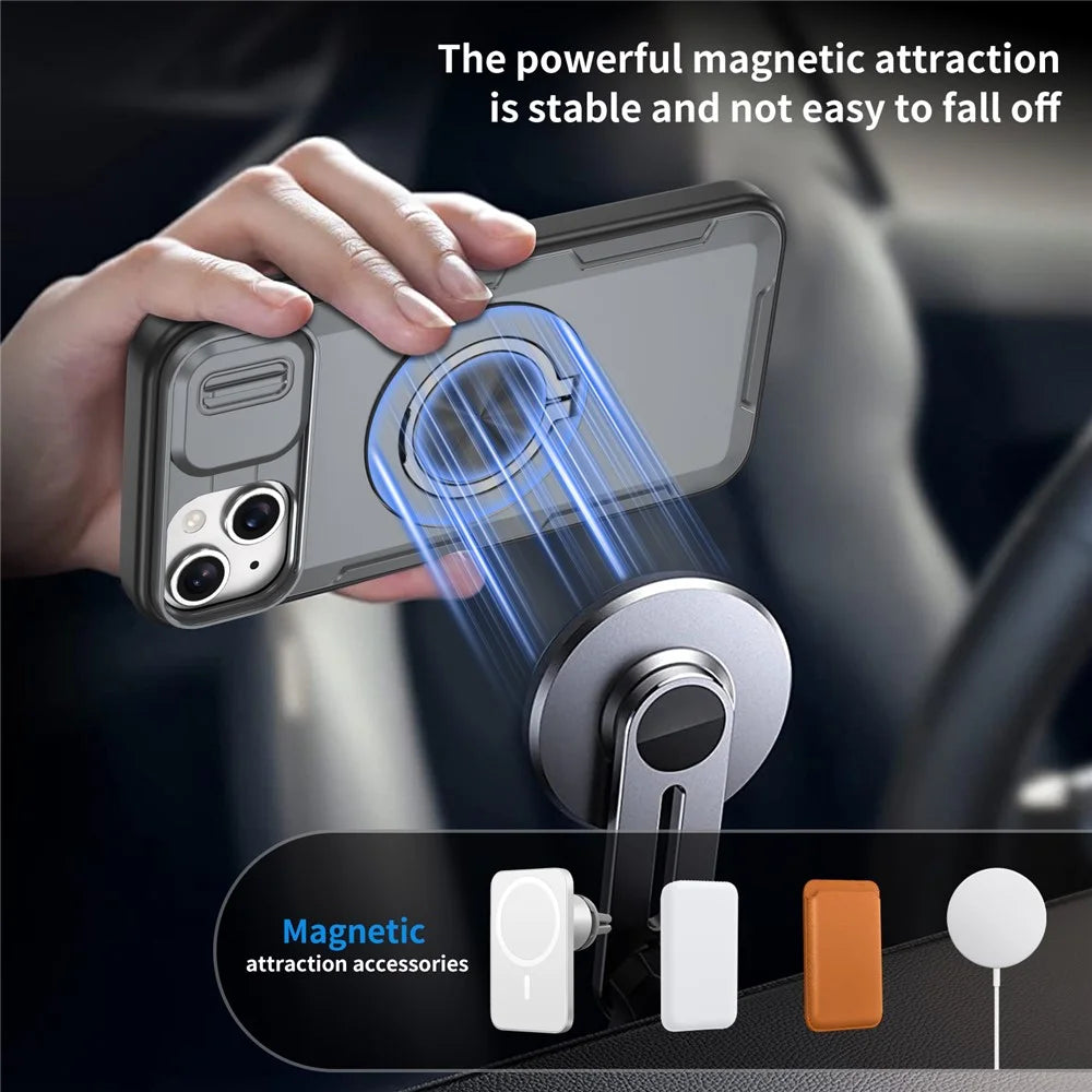 For iPhone 14  /  13 Magnetic Case Slide Camera Cover Rotary Kickstand PC + TPU Phone Shell - Grey - 2