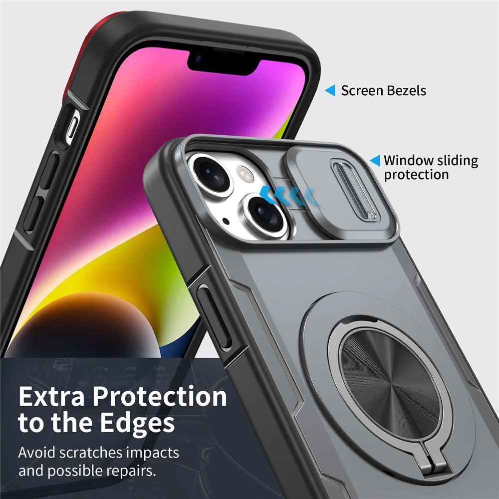 For iPhone 14  /  13 Magnetic Case Slide Camera Cover Rotary Kickstand PC + TPU Phone Shell - Grey - 3