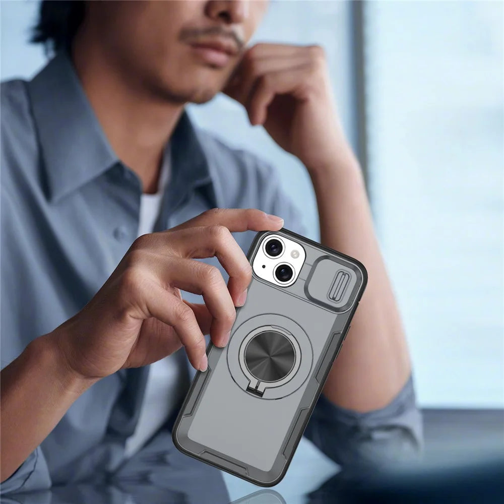 For iPhone 14  /  13 Magnetic Case Slide Camera Cover Rotary Kickstand PC + TPU Phone Shell - Grey - 7