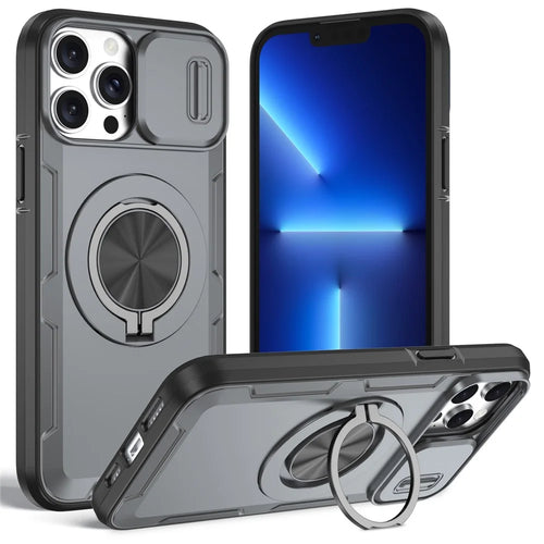 For iPhone 13 Pro Max Magnetic Case Slide Camera Cover Rotary Kickstand PC + TPU Phone Shell - Grey - 1