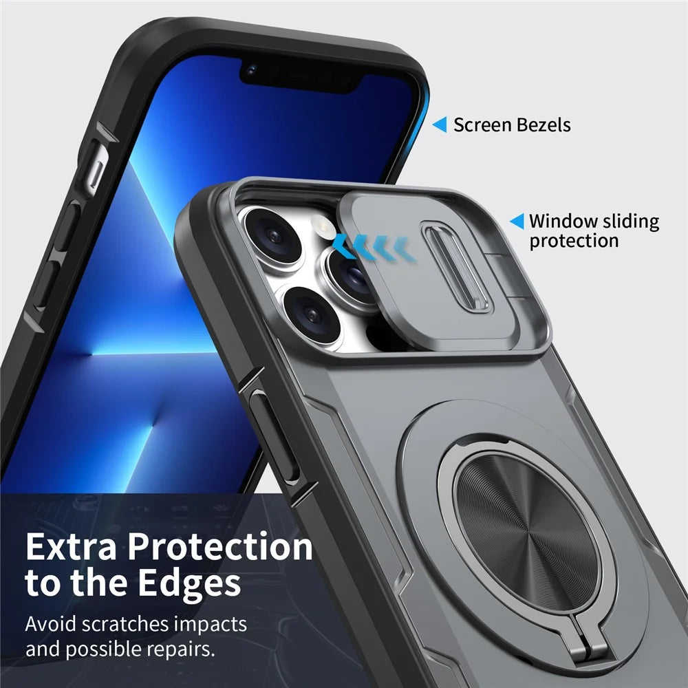 For iPhone 13 Pro Max Magnetic Case Slide Camera Cover Rotary Kickstand PC + TPU Phone Shell - Grey - 3