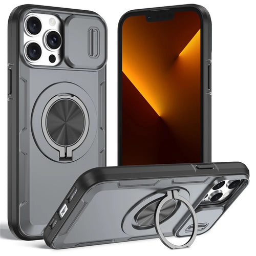 For iPhone 13 Pro Magnetic Case Slide Camera Cover Rotary Kickstand PC + TPU Phone Shell - Grey - 1