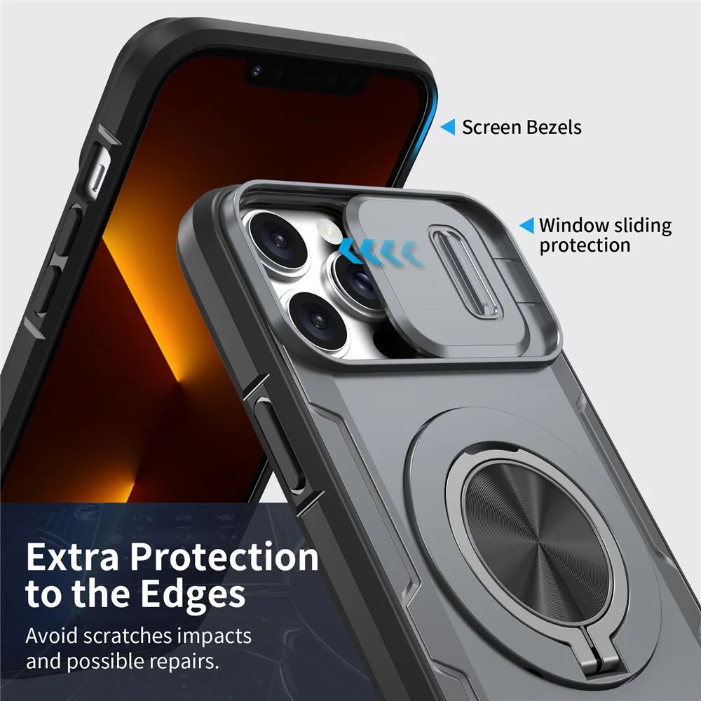 For iPhone 13 Pro Magnetic Case Slide Camera Cover Rotary Kickstand PC + TPU Phone Shell - Grey - 3