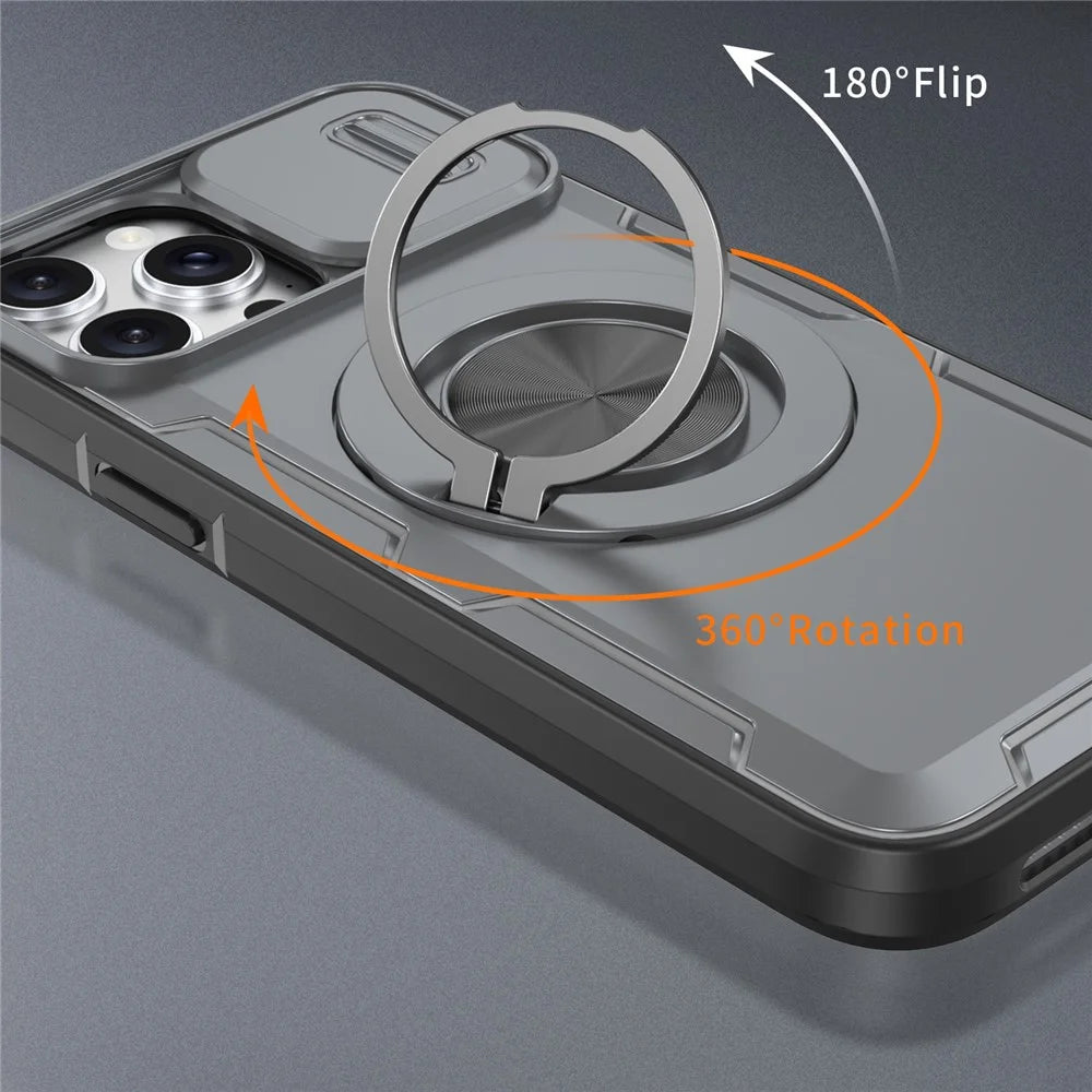 For iPhone 13 Pro Magnetic Case Slide Camera Cover Rotary Kickstand PC + TPU Phone Shell - Grey - 4