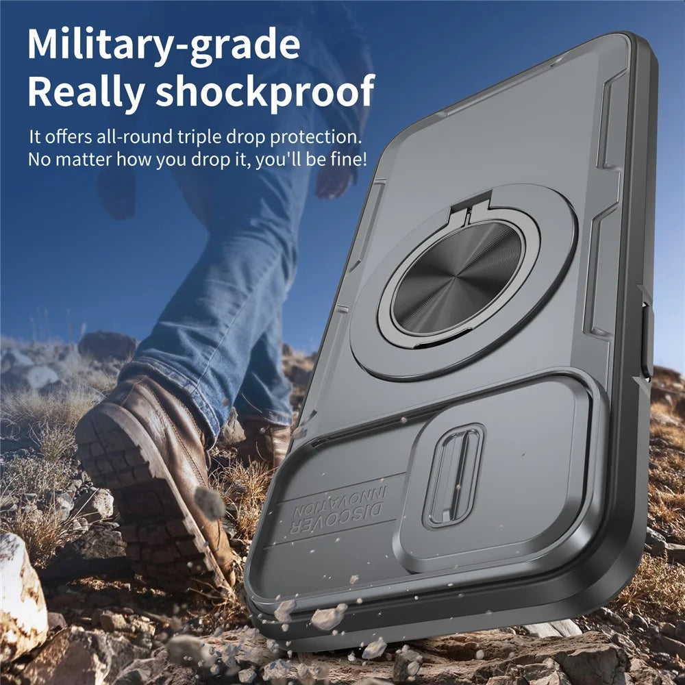For iPhone 13 Pro Magnetic Case Slide Camera Cover Rotary Kickstand PC + TPU Phone Shell - Grey - 6