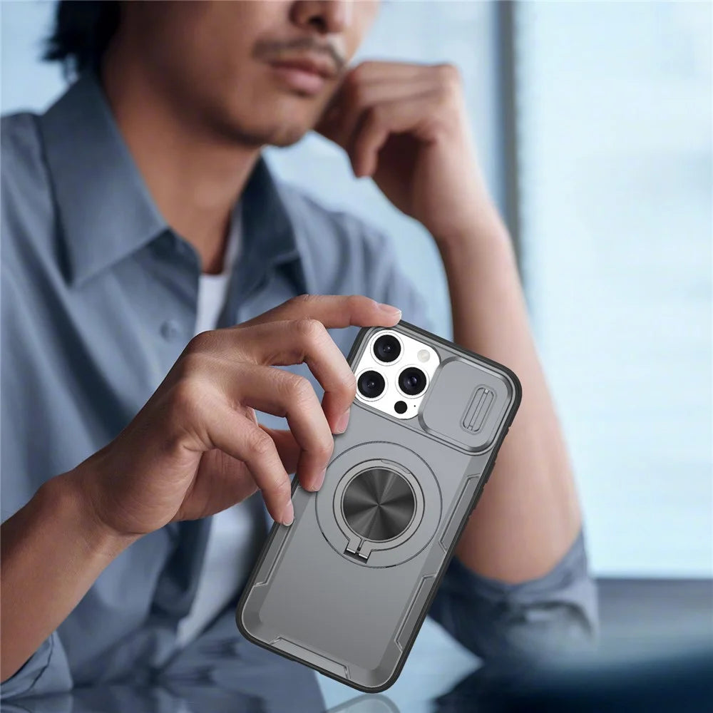 For iPhone 13 Pro Magnetic Case Slide Camera Cover Rotary Kickstand PC + TPU Phone Shell - Grey - 7
