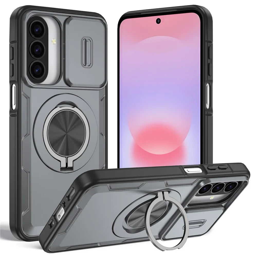 For Samsung Galaxy A27 5G  /  A37 5G Magnetic Case Slide Camera Cover Rotary Kickstand PC + TPU Phone Shell - Grey - 1