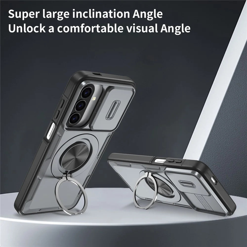 For Samsung Galaxy A27 5G  /  A37 5G Magnetic Case Slide Camera Cover Rotary Kickstand PC + TPU Phone Shell - Grey - 5