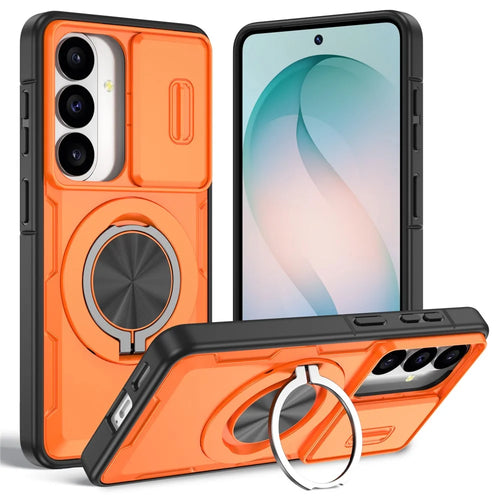 For Samsung Galaxy S26 Magnetic Case Slide Camera Cover Rotary Kickstand PC + TPU Phone Shell - Orange - 1