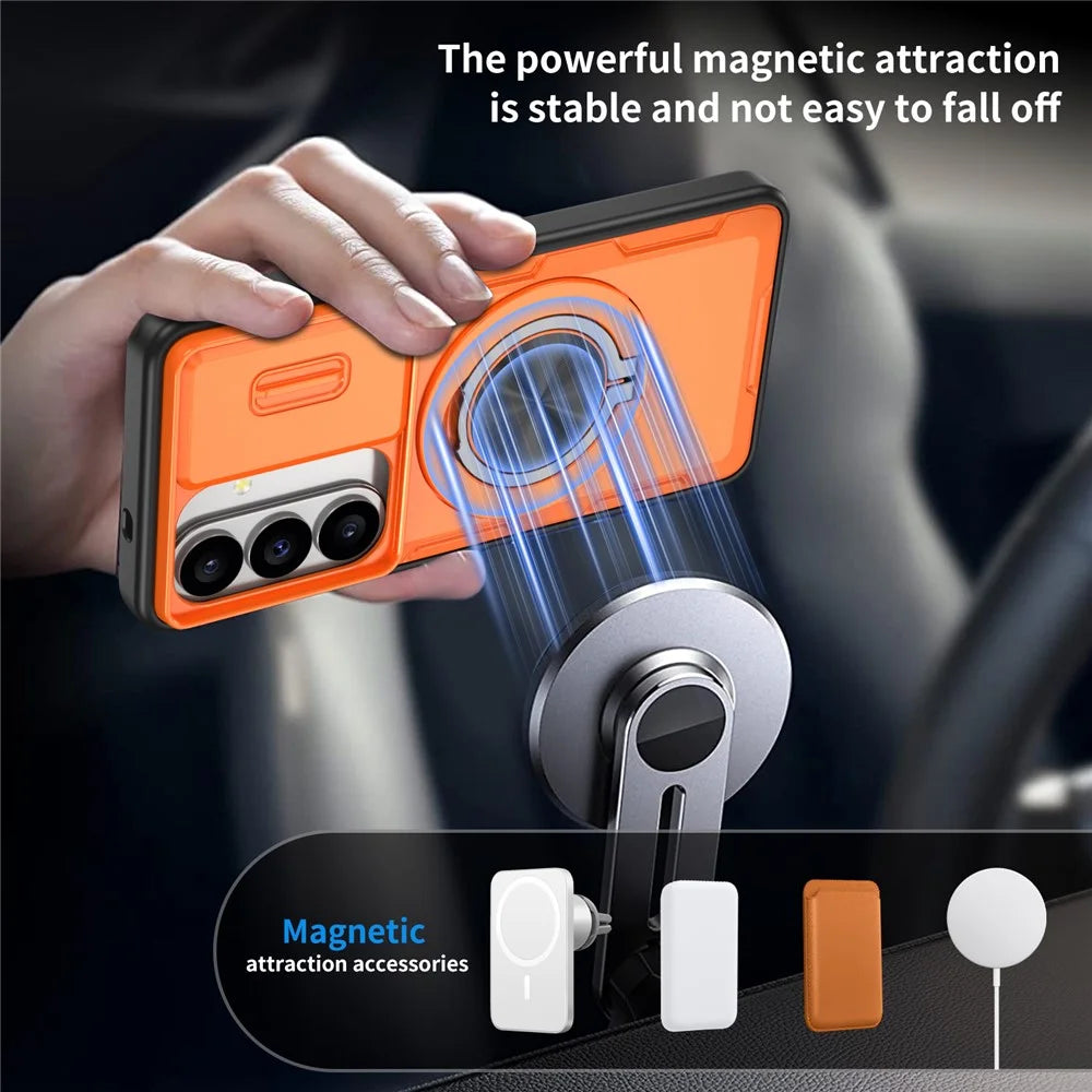 For Samsung Galaxy S26 Magnetic Case Slide Camera Cover Rotary Kickstand PC + TPU Phone Shell - Orange - 2