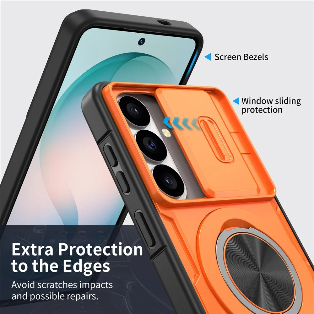 For Samsung Galaxy S26 Magnetic Case Slide Camera Cover Rotary Kickstand PC + TPU Phone Shell - Orange - 3
