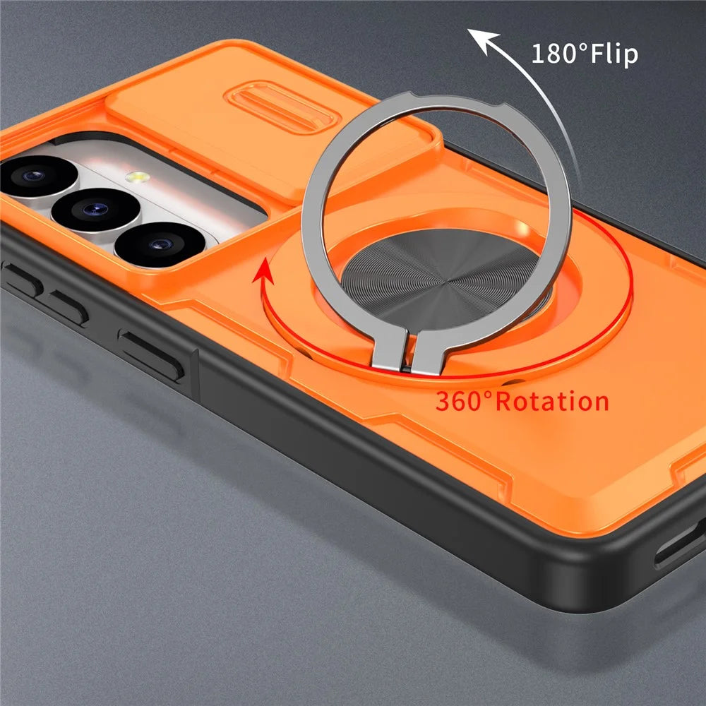 For Samsung Galaxy S26 Magnetic Case Slide Camera Cover Rotary Kickstand PC + TPU Phone Shell - Orange - 4