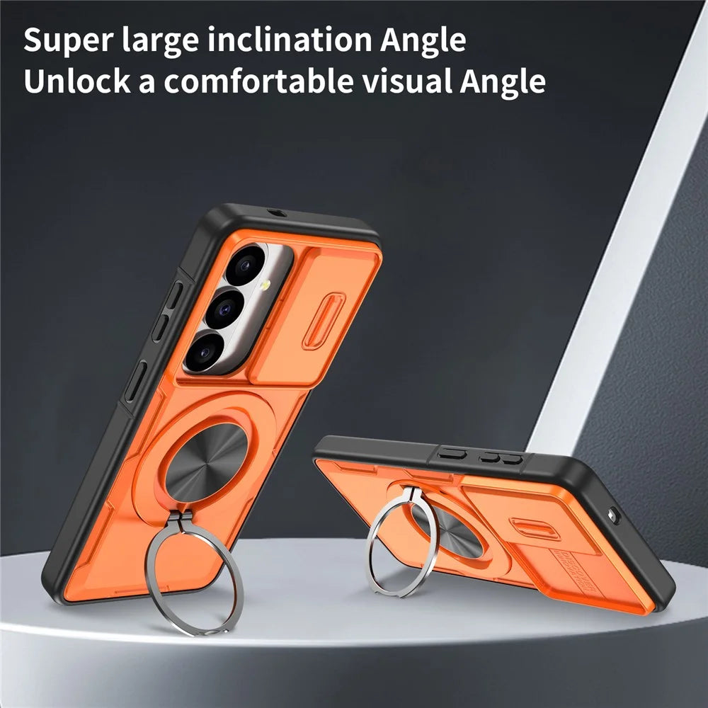 For Samsung Galaxy S26 Magnetic Case Slide Camera Cover Rotary Kickstand PC + TPU Phone Shell - Orange - 5