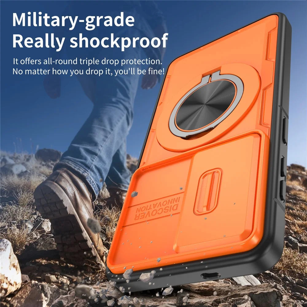 For Samsung Galaxy S26 Magnetic Case Slide Camera Cover Rotary Kickstand PC + TPU Phone Shell - Orange - 6