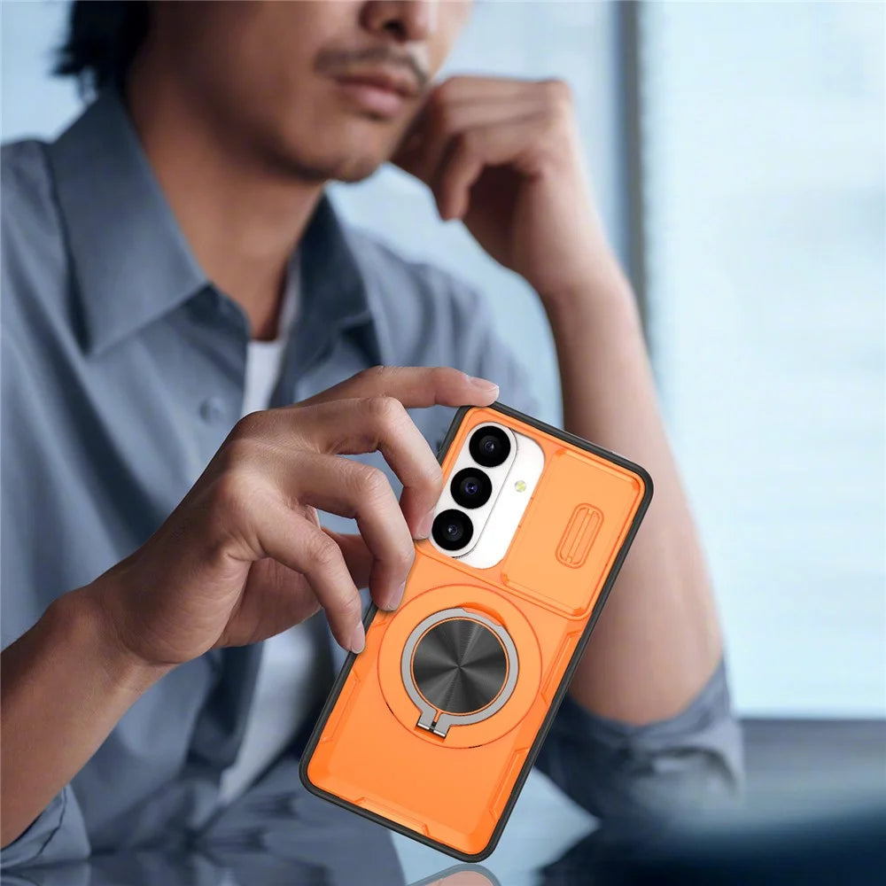 For Samsung Galaxy S26 Magnetic Case Slide Camera Cover Rotary Kickstand PC + TPU Phone Shell - Orange - 7