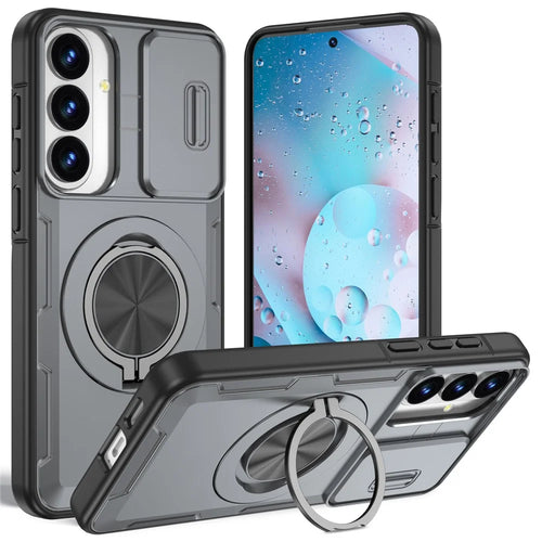For Samsung Galaxy S26+  /  S25+  /  S24+ Magnetic Case Slide Camera Cover Rotary Kickstand PC + TPU Phone Shell - Grey - 1