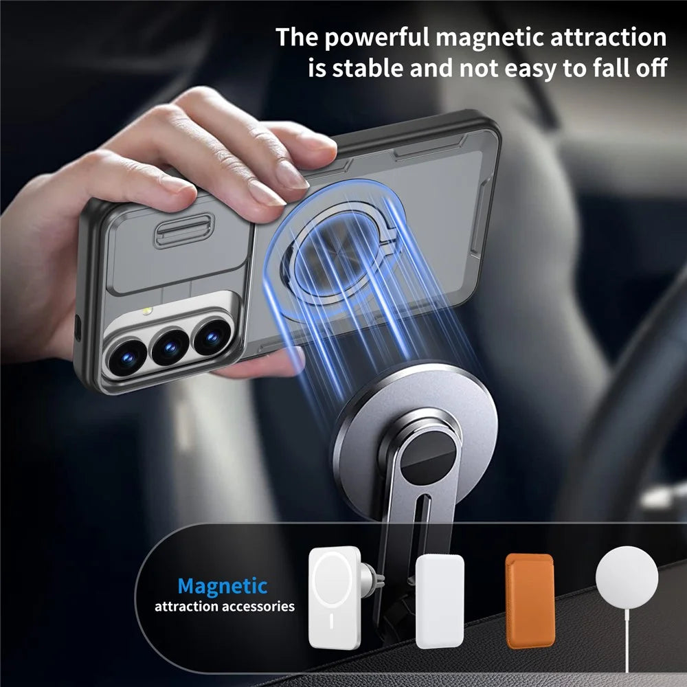 For Samsung Galaxy S26+  /  S25+  /  S24+ Magnetic Case Slide Camera Cover Rotary Kickstand PC + TPU Phone Shell - Grey - 2