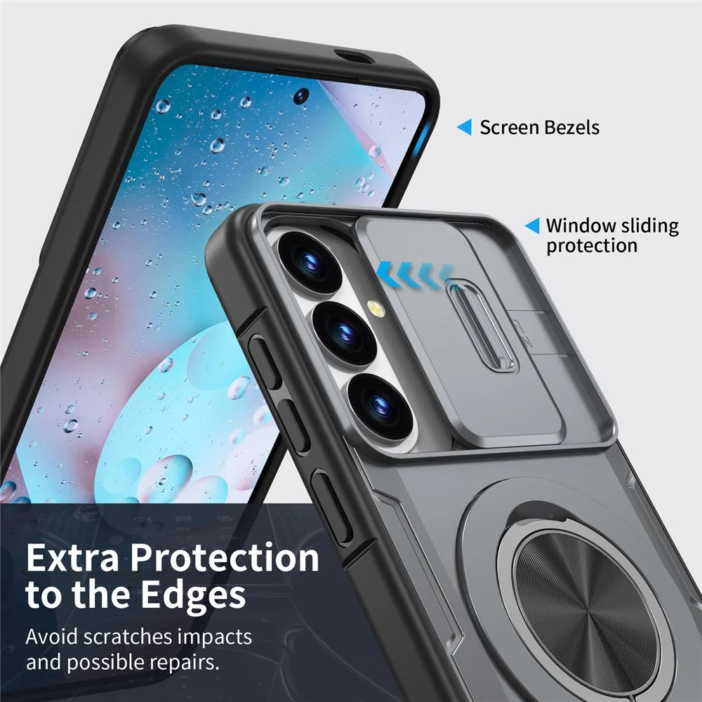 For Samsung Galaxy S26+  /  S25+  /  S24+ Magnetic Case Slide Camera Cover Rotary Kickstand PC + TPU Phone Shell - Grey - 3