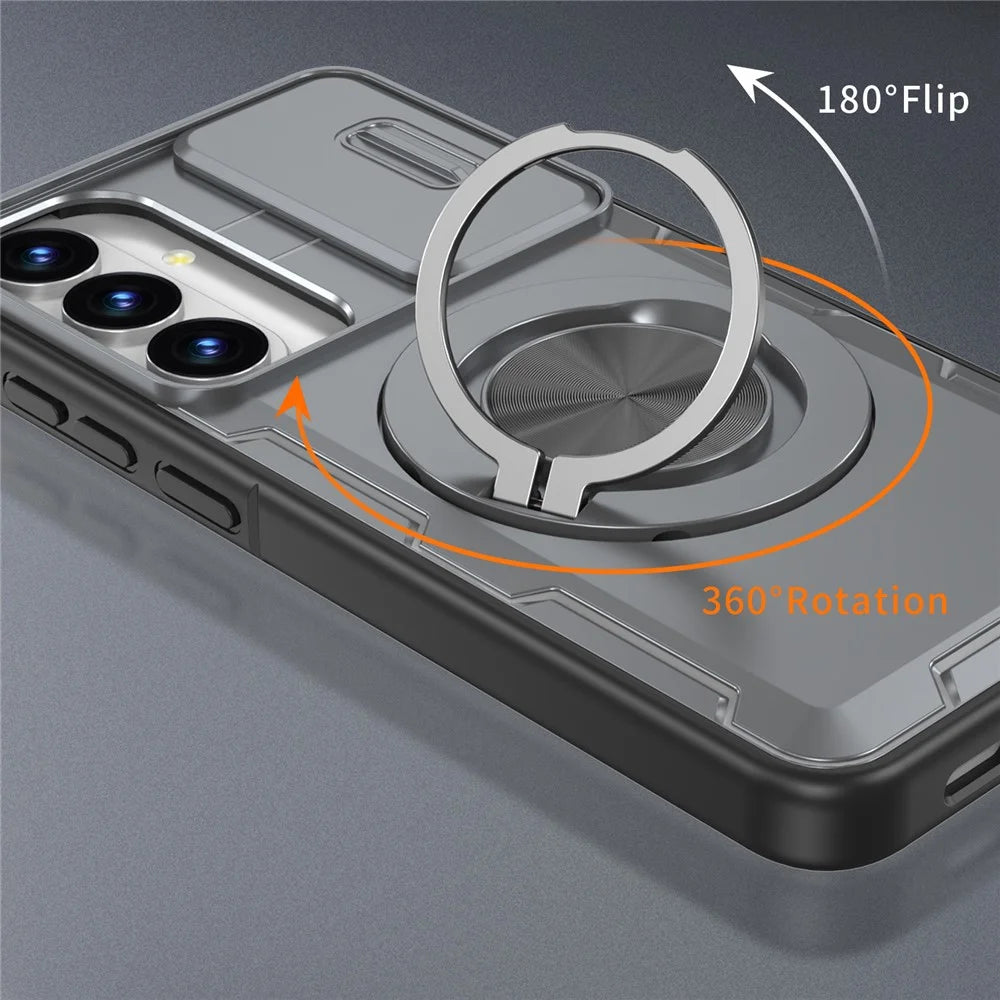 For Samsung Galaxy S26+  /  S25+  /  S24+ Magnetic Case Slide Camera Cover Rotary Kickstand PC + TPU Phone Shell - Grey - 4