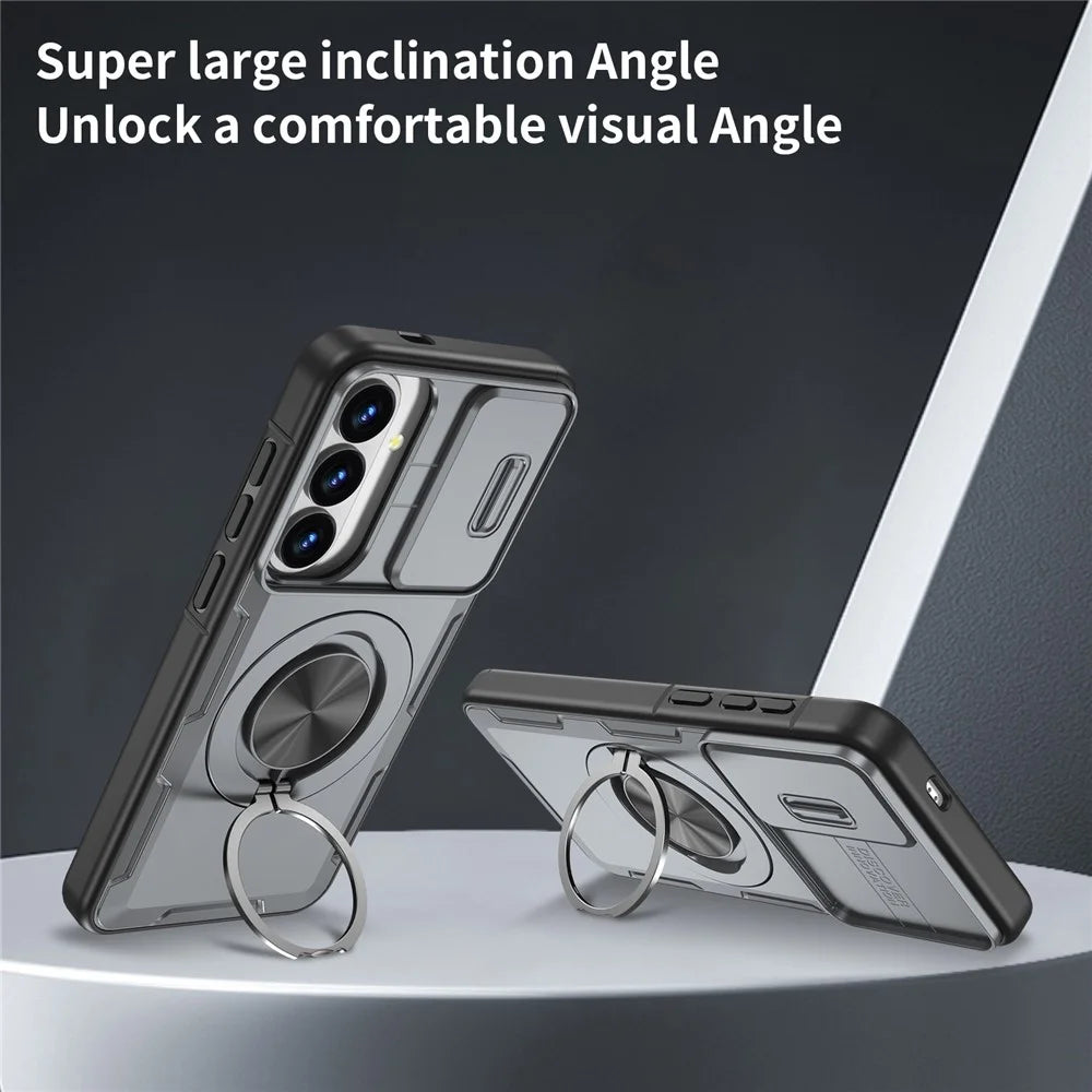 For Samsung Galaxy S26+  /  S25+  /  S24+ Magnetic Case Slide Camera Cover Rotary Kickstand PC + TPU Phone Shell - Grey - 5