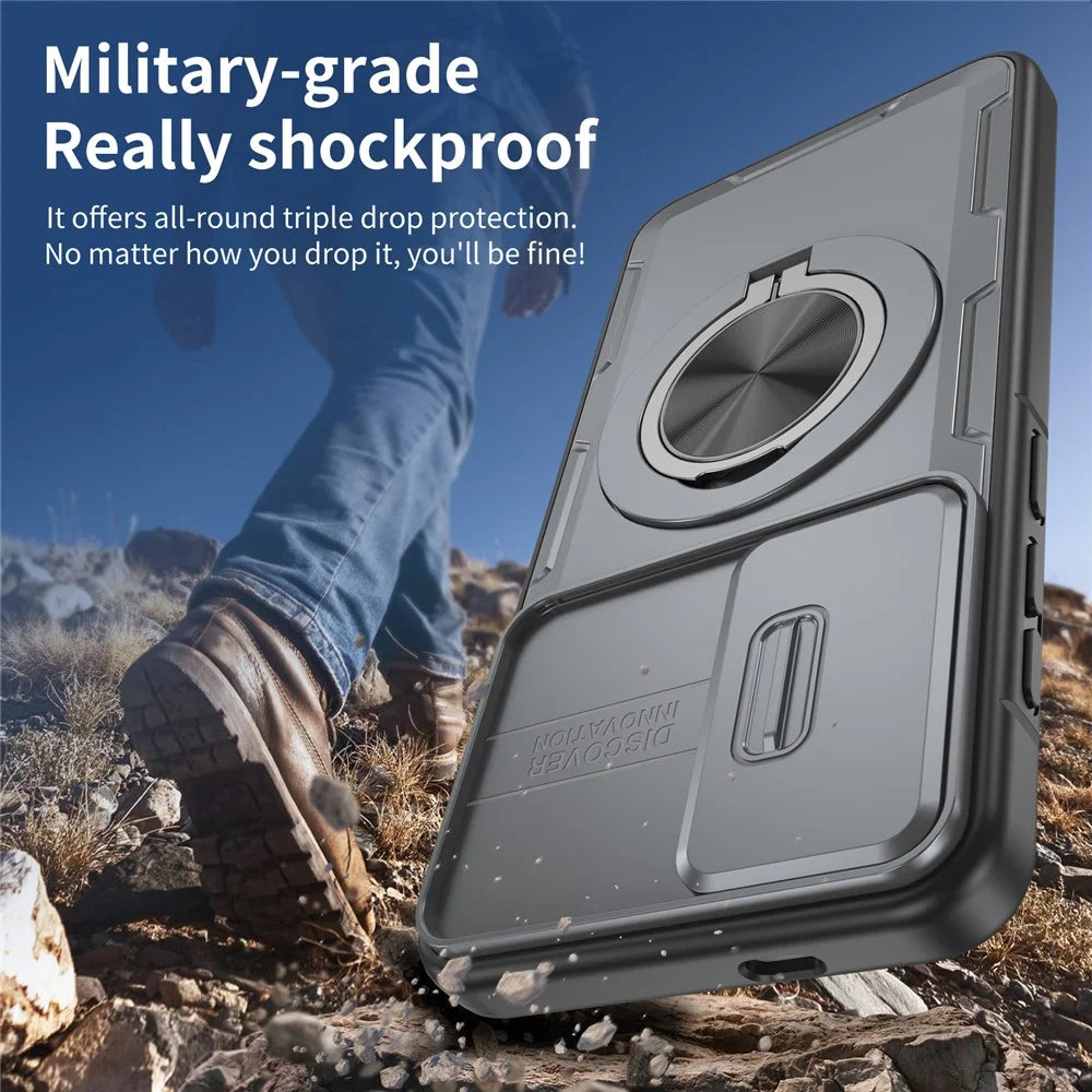 For Samsung Galaxy S26+  /  S25+  /  S24+ Magnetic Case Slide Camera Cover Rotary Kickstand PC + TPU Phone Shell - Grey - 6