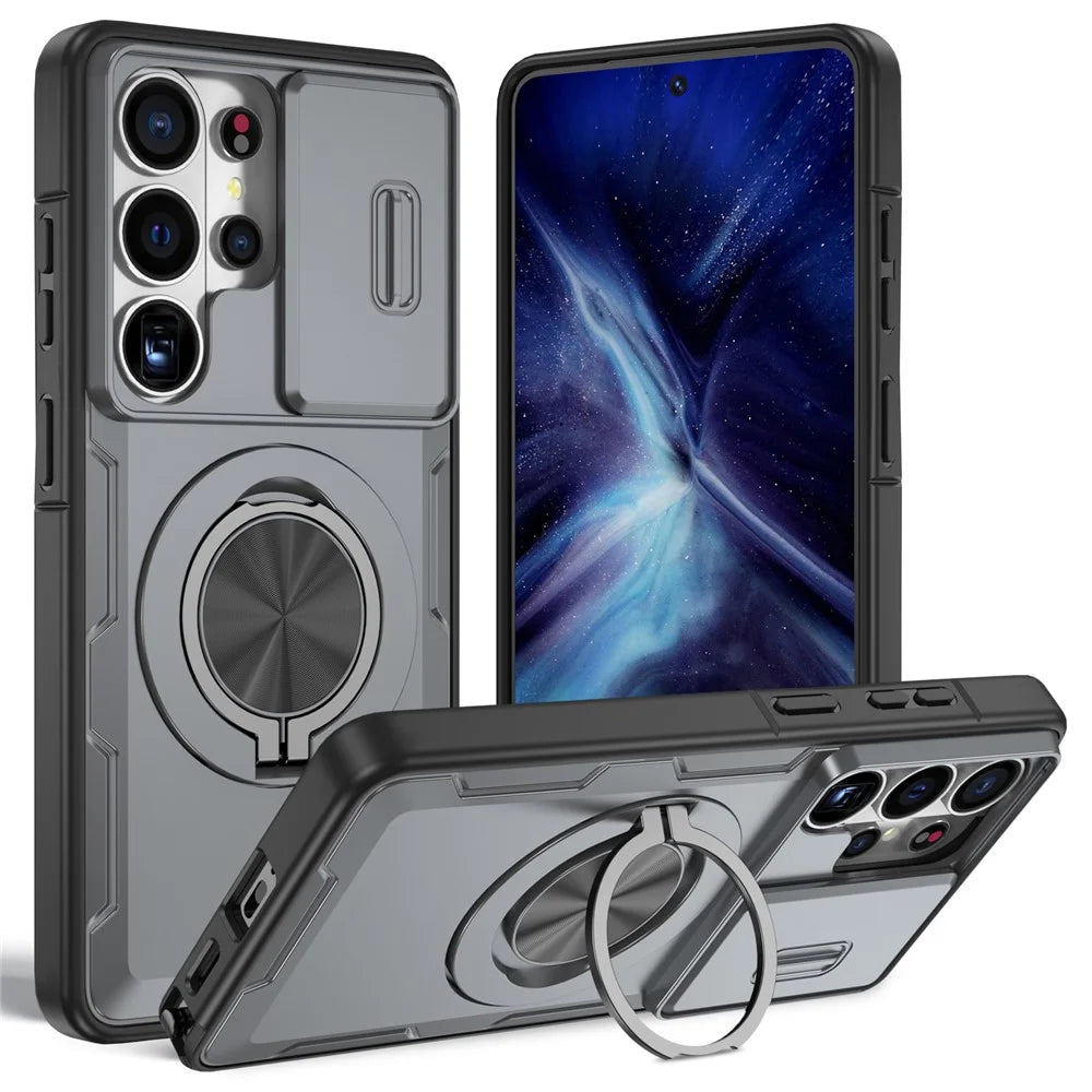 For Samsung Galaxy S26 Ultra Magnetic Case Slide Camera Cover Rotary Kickstand PC + TPU Phone Shell - Grey - 1