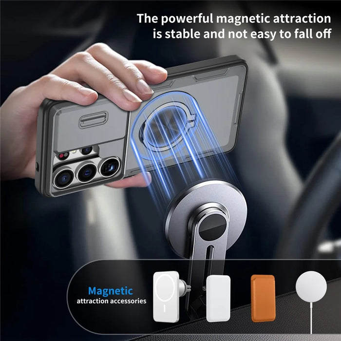 For Samsung Galaxy S26 Ultra Magnetic Case Slide Camera Cover Rotary Kickstand PC + TPU Phone Shell - Grey - 2