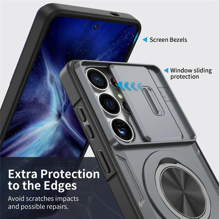 For Samsung Galaxy S26 Ultra Magnetic Case Slide Camera Cover Rotary Kickstand PC + TPU Phone Shell - Grey - 3