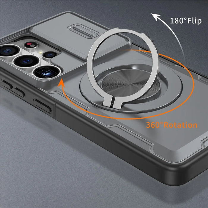For Samsung Galaxy S26 Ultra Magnetic Case Slide Camera Cover Rotary Kickstand PC + TPU Phone Shell - Grey - 4