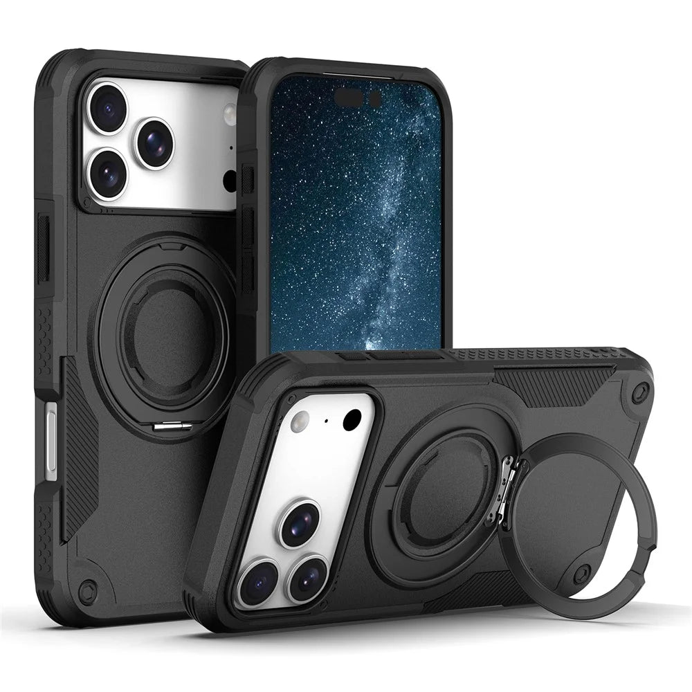 For iPhone 17 Pro Max Magnetic Case Rotating Ring Kickstand Shockproof TPU PC Armor Phone Cover - Black - 1