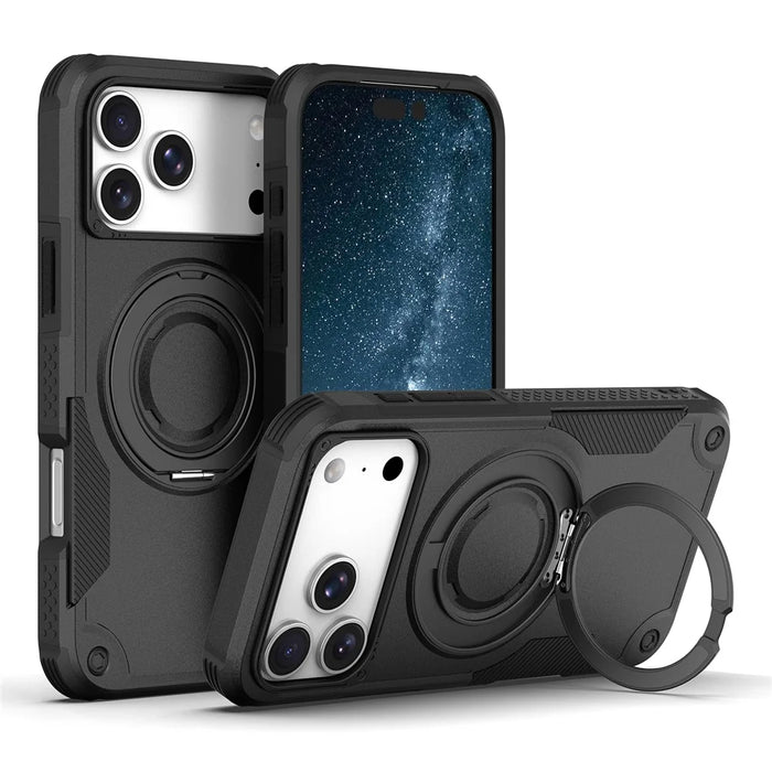 For iPhone 17 Pro Max Magnetic Case Rotating Ring Kickstand Shockproof TPU PC Armor Phone Cover - Black - 1