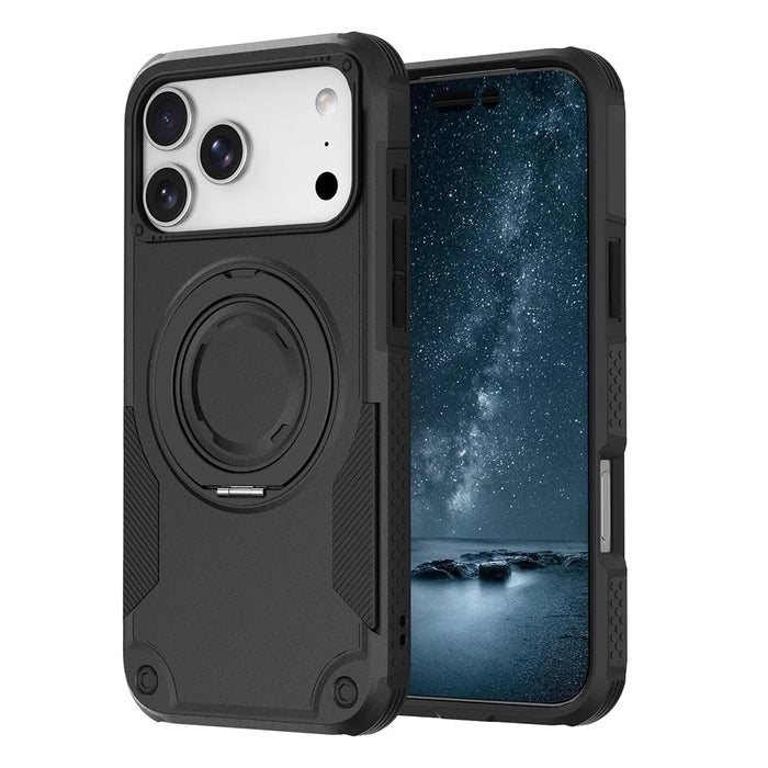 For iPhone 17 Pro Max Magnetic Case Rotating Ring Kickstand Shockproof TPU PC Armor Phone Cover - Black - 2