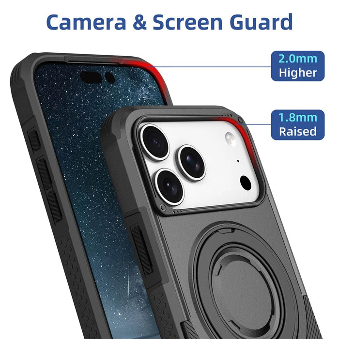 For iPhone 17 Pro Max Magnetic Case Rotating Ring Kickstand Shockproof TPU PC Armor Phone Cover - Black - 3