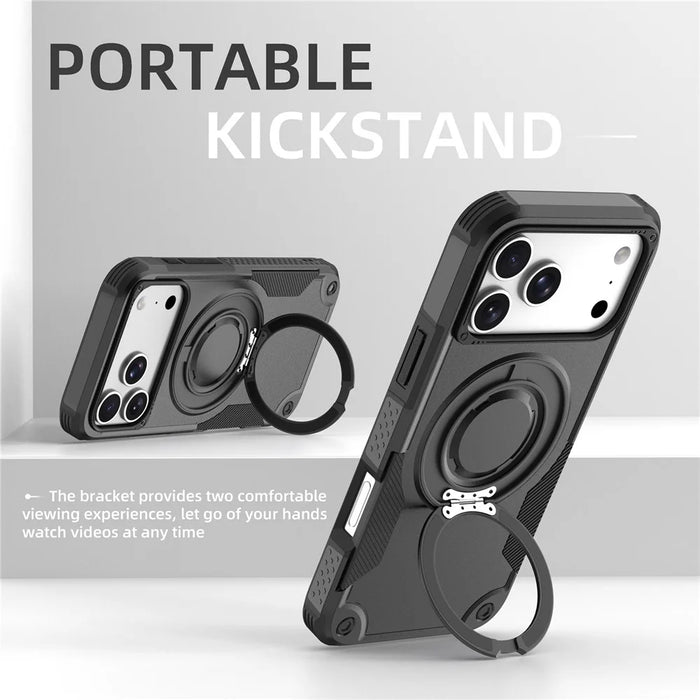 For iPhone 17 Pro Max Magnetic Case Rotating Ring Kickstand Shockproof TPU PC Armor Phone Cover - Black - 4