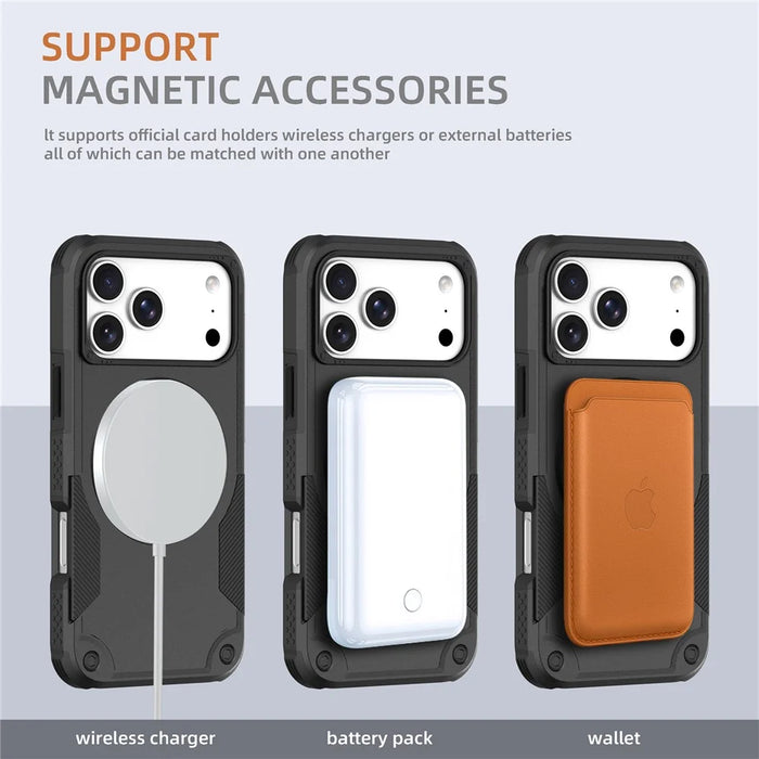 For iPhone 17 Pro Max Magnetic Case Rotating Ring Kickstand Shockproof TPU PC Armor Phone Cover - Black - 6