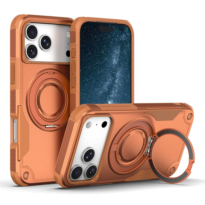 For iPhone 17 Pro Magnetic Case Rotating Ring Kickstand Shockproof TPU PC Armor Phone Cover - Orange - 1