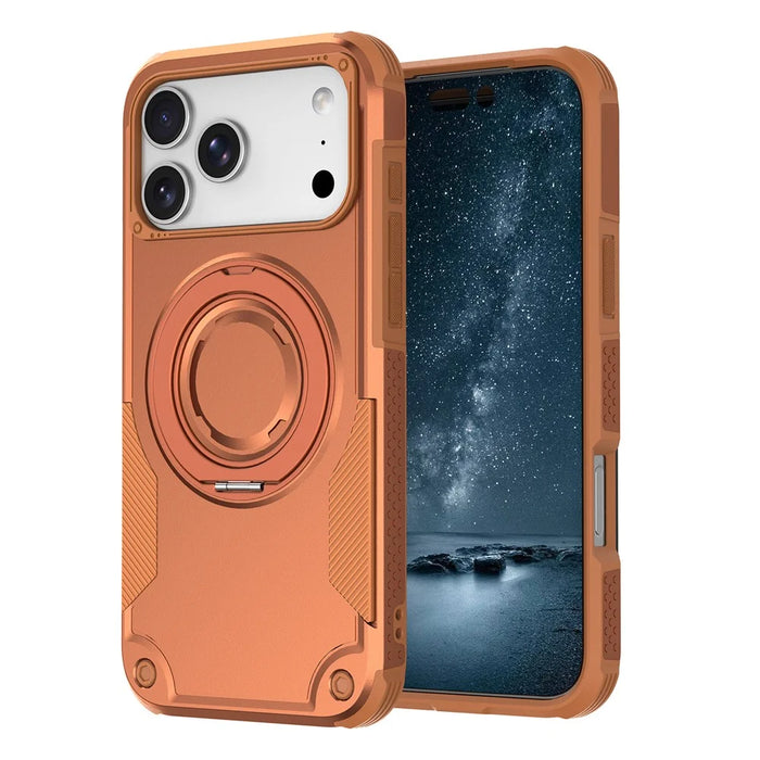 For iPhone 17 Pro Magnetic Case Rotating Ring Kickstand Shockproof TPU PC Armor Phone Cover - Orange - 2