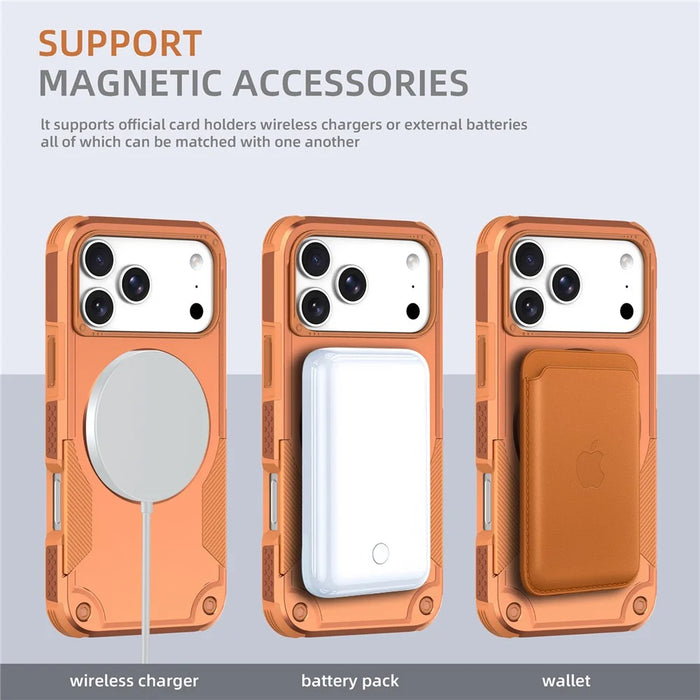 For iPhone 17 Pro Magnetic Case Rotating Ring Kickstand Shockproof TPU PC Armor Phone Cover - Orange - 3