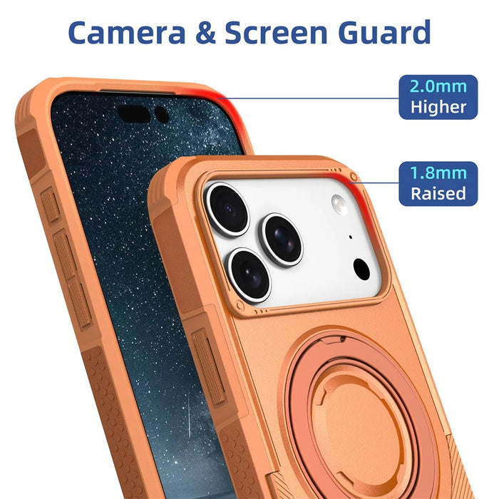 For iPhone 17 Pro Magnetic Case Rotating Ring Kickstand Shockproof TPU PC Armor Phone Cover - Orange - 4