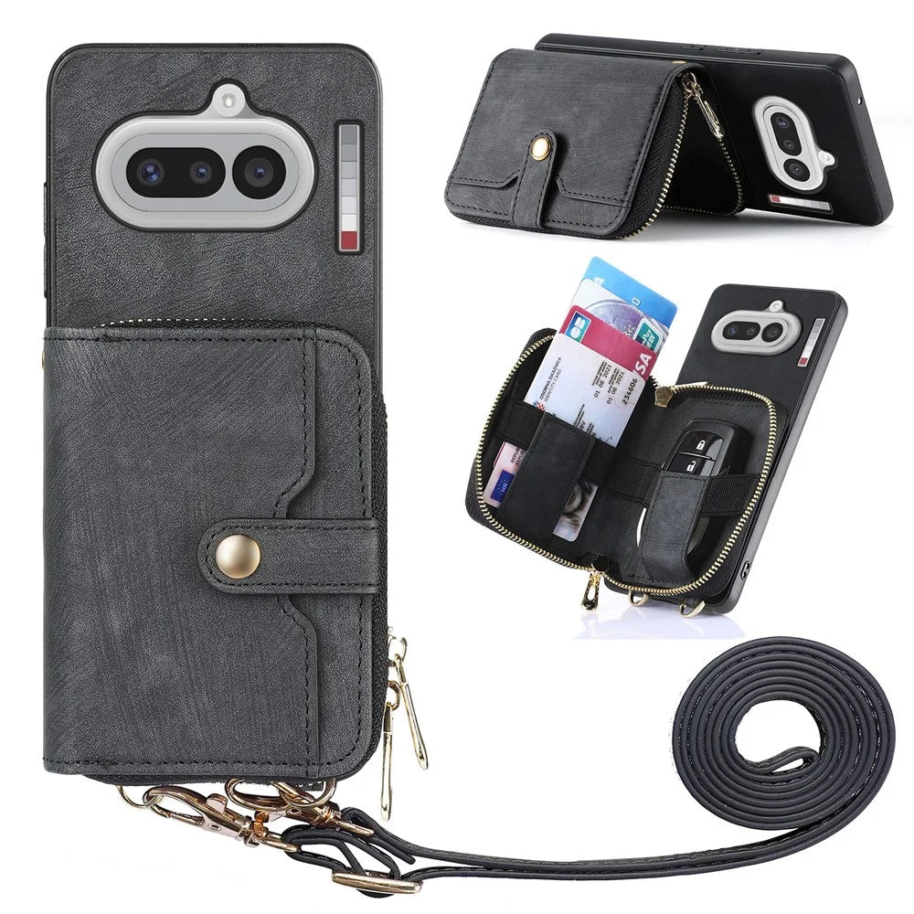For Nothing Phone (4a) PU Leather Phone Back Cover with Zipper Card Holder and Long Strap - Black - 1