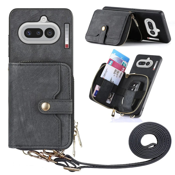 For Nothing Phone (4a) PU Leather Phone Back Cover with Zipper Card Holder and Long Strap - Black - 1